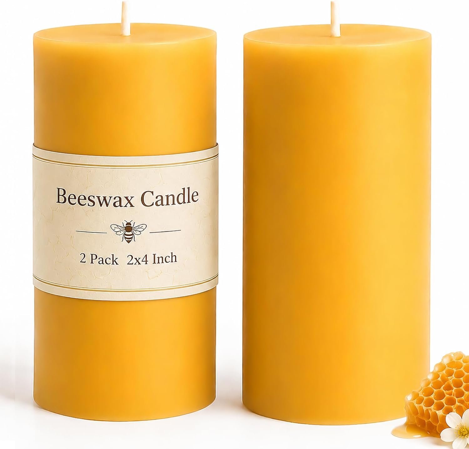 Beeswax Pillar Candles 2×4 Inch 2 Pack, Unscented Bee Wax