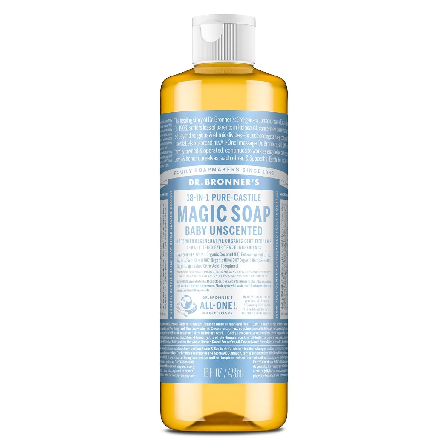 Dr. Bronner’s Baby Unscented Pure-Castile Liquid Soap, No Fragrance, 16 oz