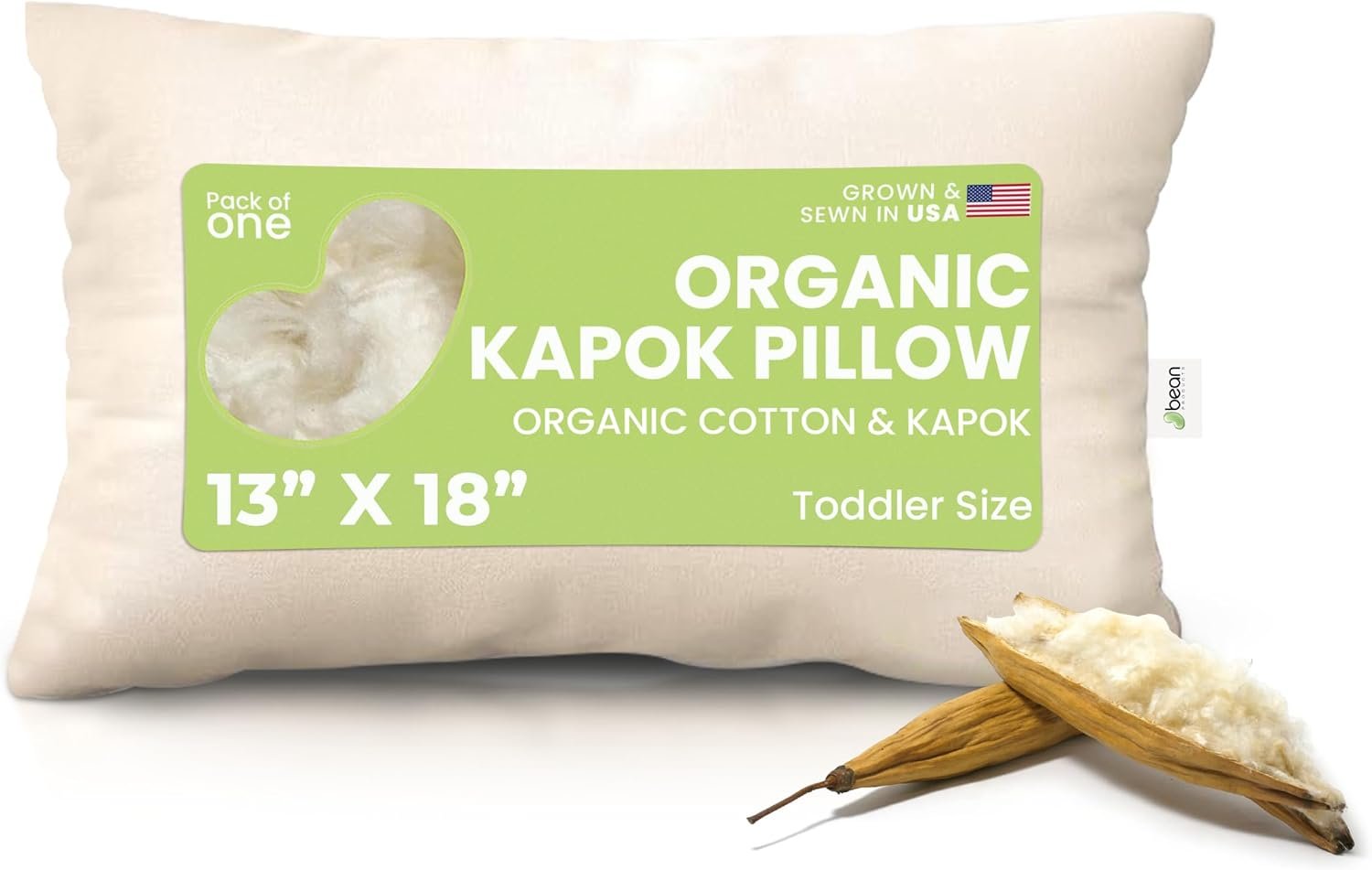 Bean Products Organic Kapok Pillow, Travel & Toddler, 13″ x 18″