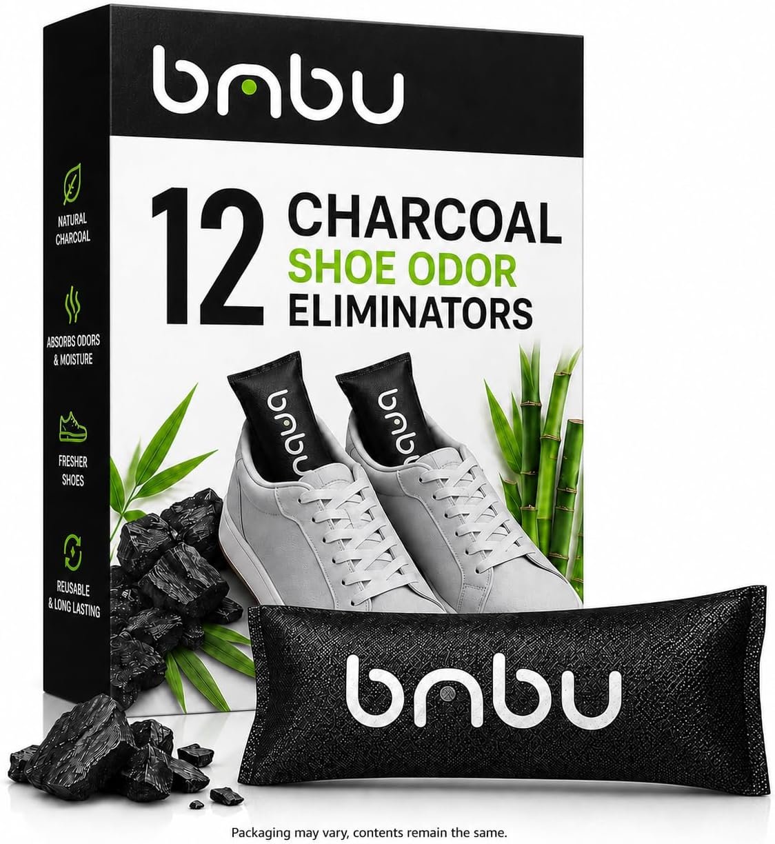 bmbu Activated Charcoal Shoe Deodorizer Inserts – Natural Bamboo Alternative to Odor Eliminator Balls for Sneakers, Gym Bags – Smell Absorber/Air Freshener for Sports Bag, Drawer, Cat Litter