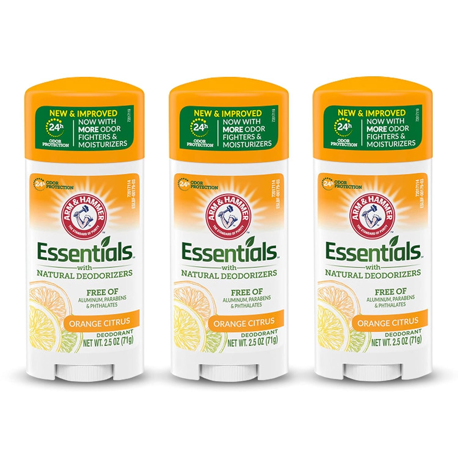 ARM & HAMMER Essentials Deodorant- Orange Citrus- Solid Oval – Made with Natural Deodorizers- Free From Aluminum, Parabens & Phthalates, 2.5 oz (Pack of 3)