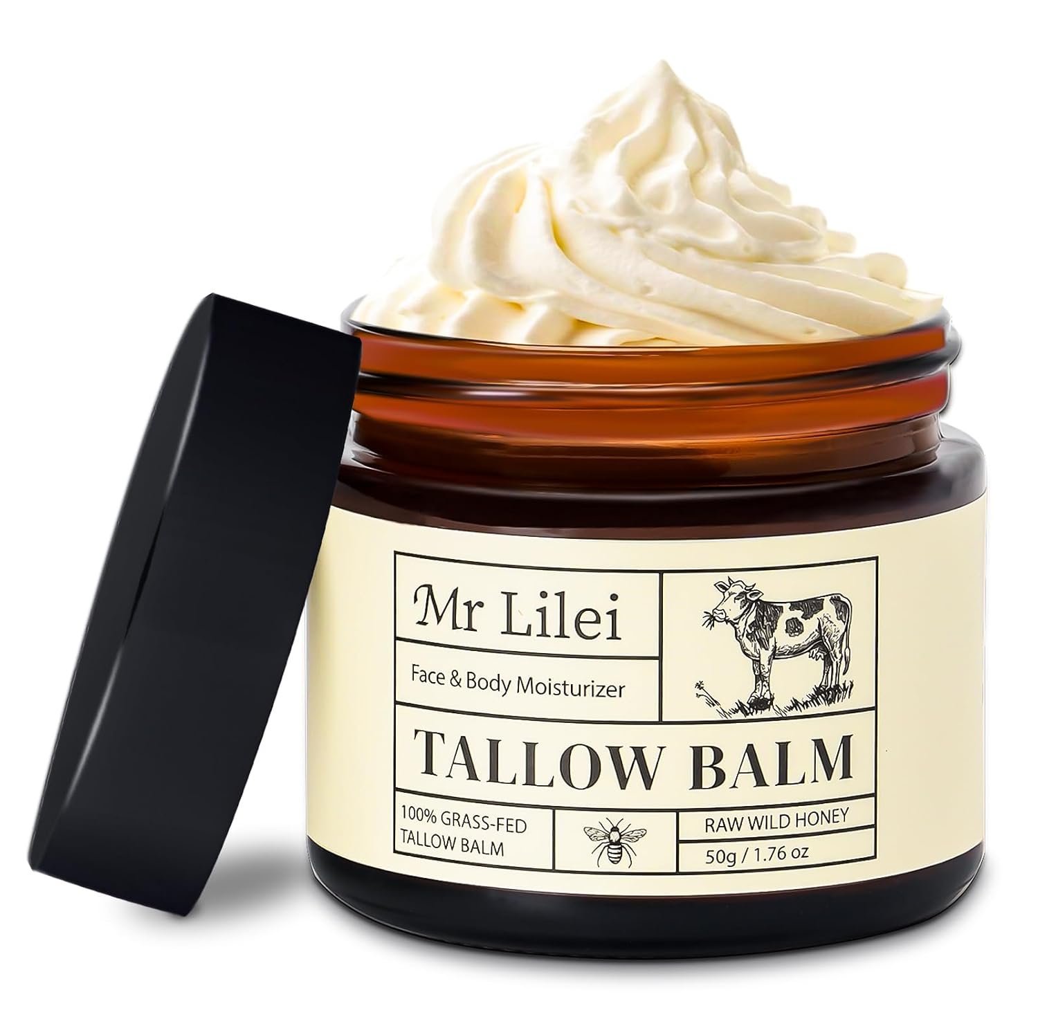 Beef Tallow for Skin – 100% Organic Grass-Fed Beef Tallow Balm with Raw Honey, Natural Whipped Face Moisturizer & Body Butter for Dry & Sensitive Skin, Non-Greasy (Unscented, 50g/1.76oz)