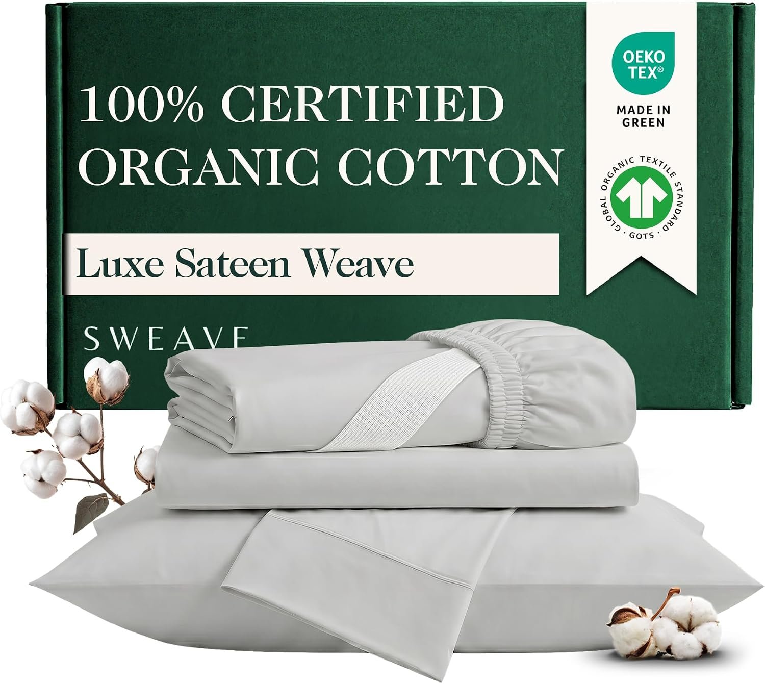 100% Certified Organic Sateen Weave Cotton Sheets King Size,4Pcs,Light Grey