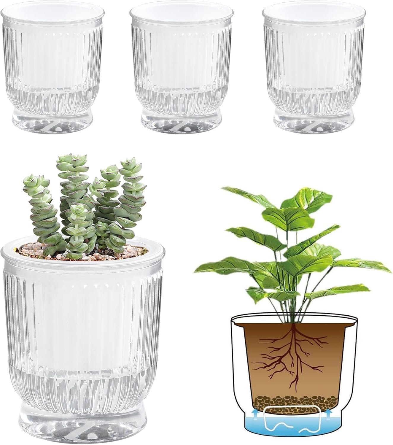 T4U Self Watering Pots for Indoor Plants 4 Inch 4 Pack Planter Clear