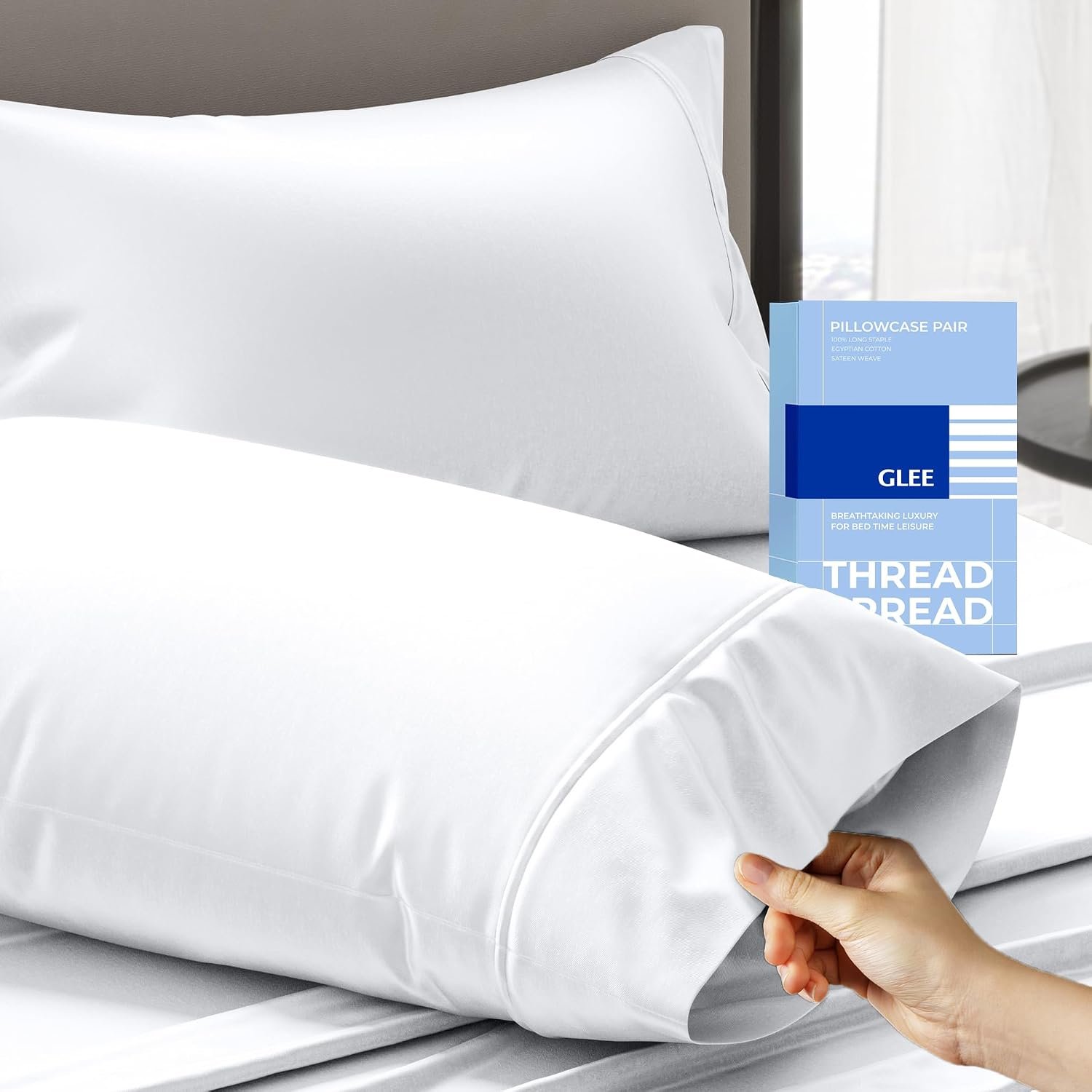 THREAD SPREAD 100% Cotton Pillow Cases Queen Size Set of 2 – Luxury 400 Thread Count Queen Pillow Cases (White), Soft Cooling Breathable Hotel Cotton Pillowcases, Fits Standard Pillows