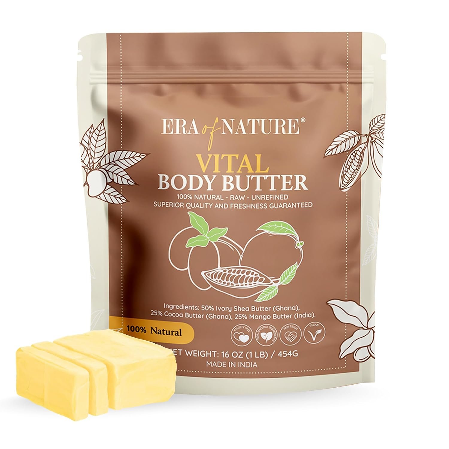 era of nature Organic Shea, Mango & Cocoa Body Butter – Raw, Unrefined, 100% Natural – Perfect Base for DIY Skincare, Body Butters, Lotions, Soaps & Lip Balms – Essential for Homemade Creations – 8oz