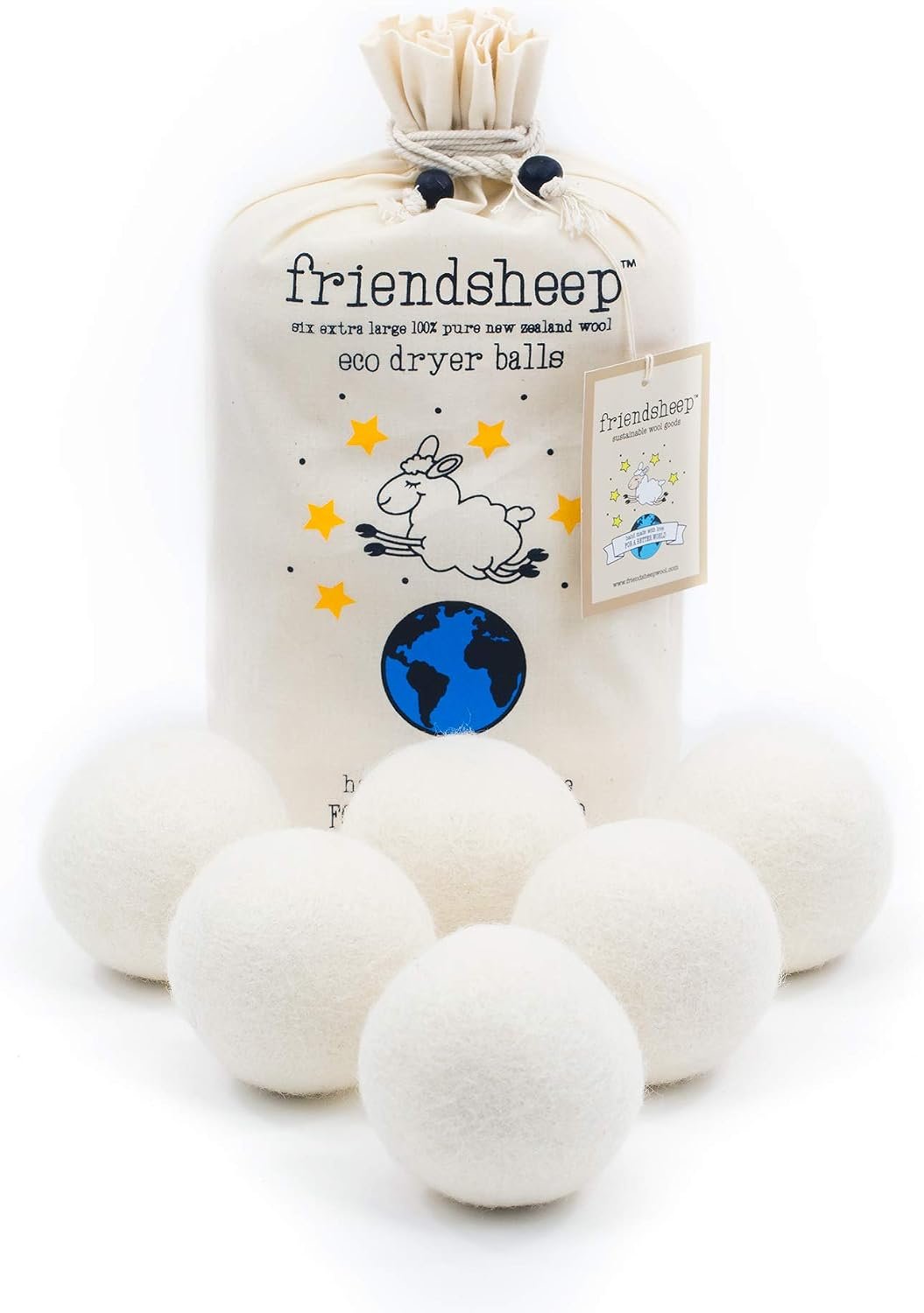 Friendsheep Wool Dryer Balls, Organic Reusable Fabric Softener Alternative for Laundry, Handmade, Fair Trade, Hypoallergenic, Eco-Friendly, Plastic-Free (6 Pack XL – Creamy White)