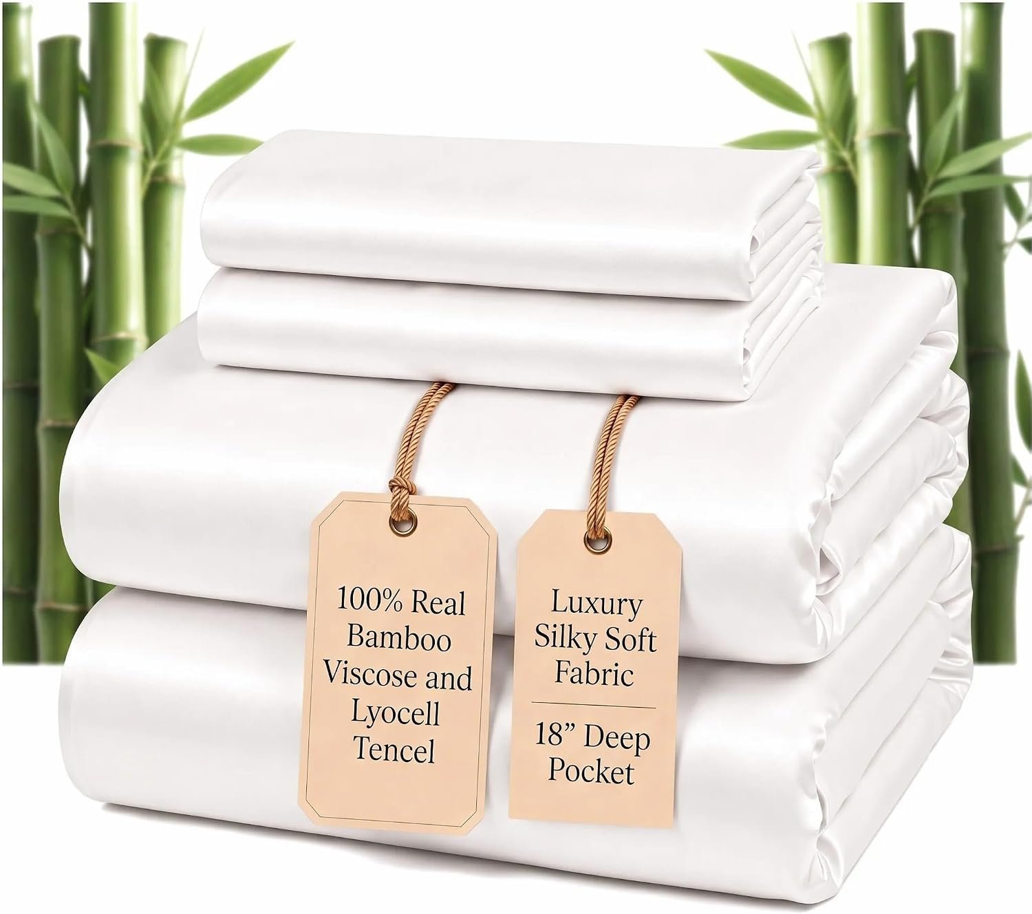 100% Real Bamboo Viscose & Lyocell Tencel Sheets Set Queen Size | Breathable & Cooling for Hot Sleeper | Luxury Silky Soft Fabric | 18″ Deep Pocket with Corner Straps (White, Queen)