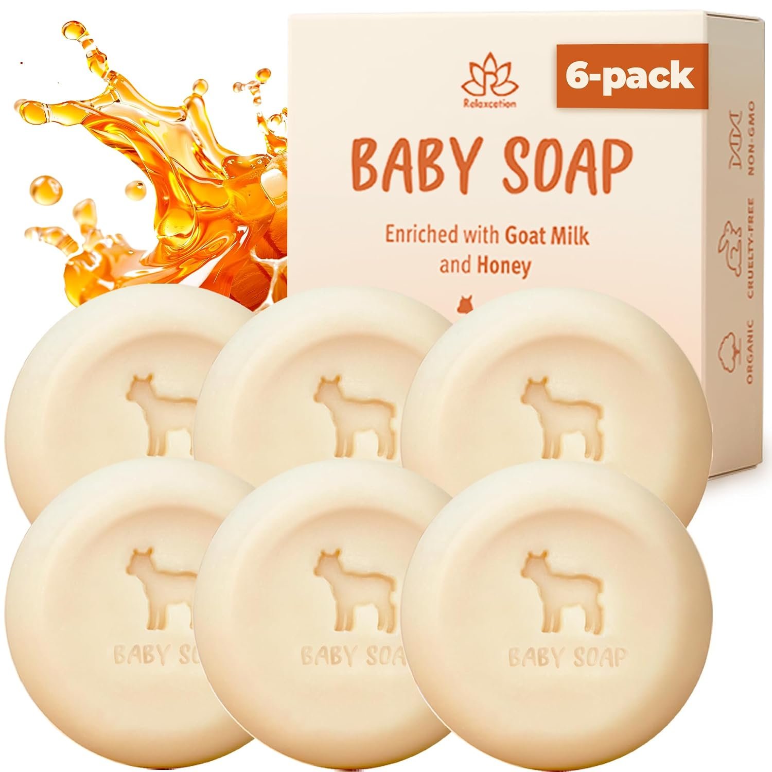 Relaxcation Organic Baby Soap Bars with Goat Milk and Honey – Naturally Cold Processed from Organic Ingredients – Handmade in USA Ideal fro Newborns, babys, Kids and Adults (Pack of 6)