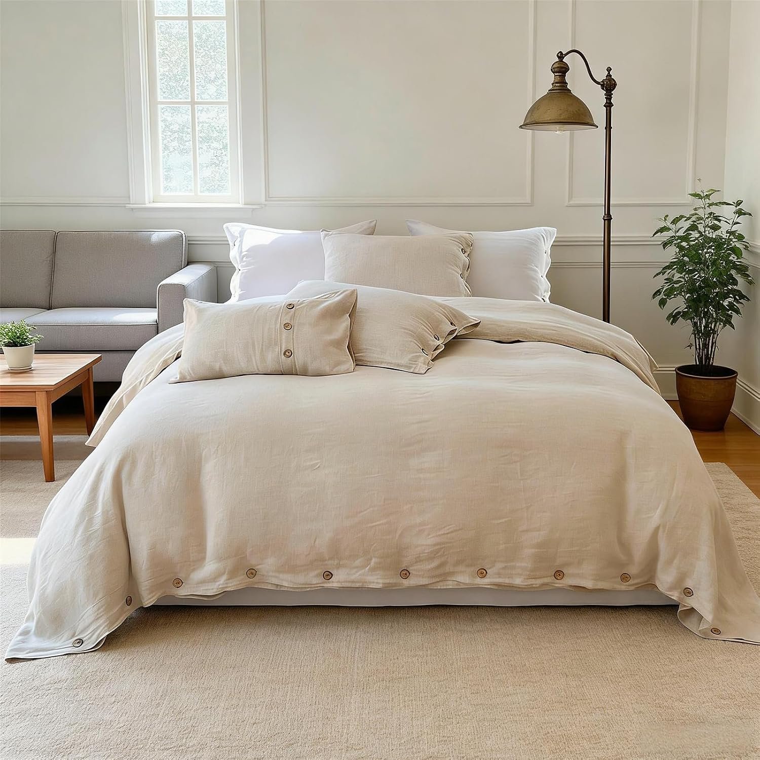 Simple&Opulence 100% Linen Duvet Cover Set 3pcs with Coconut Button Closure Natural French Washed Flax Solid Color Soft Breathable Farmhouse Bedding – Linen, Queen Size