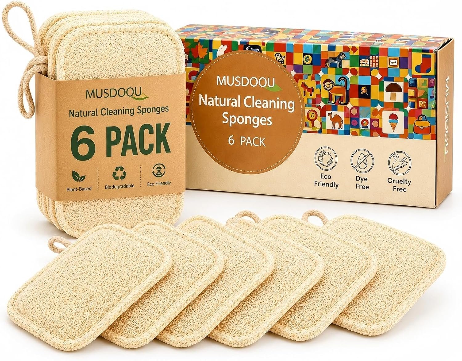 Natural Loofah Dish Scrubber Sponges, 6 Pack Large Plant-Based Kitchen Cleaning Pads, Compostable Non-Scratch Scouring Sponge for Dishes, Sink, Grout and Tile, 4.4 x 2.8 in