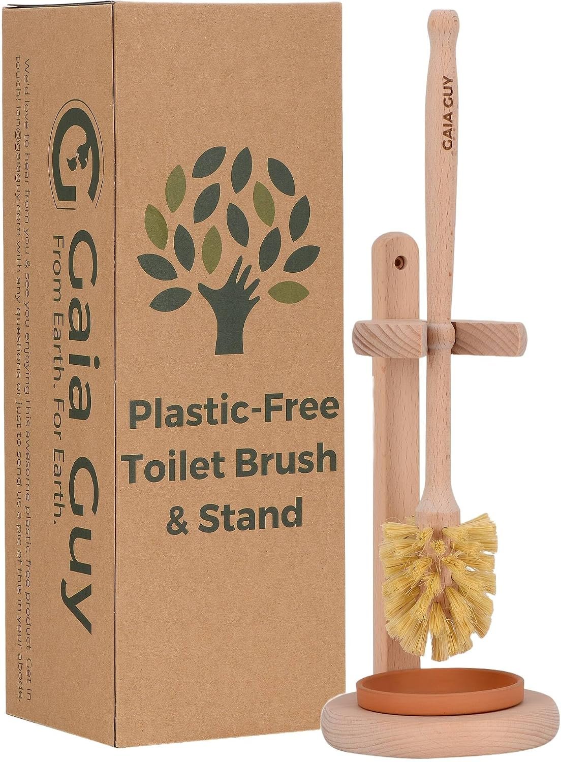 Gaia Guy Beech Wood Toilet Brush with Stand & Ceramic Drip Tray – Eco-Friendly Toilet Scrubber with Sisal Bristles – Compostable, Biodegradable & Plastic-Free Bathroom Cleaner
