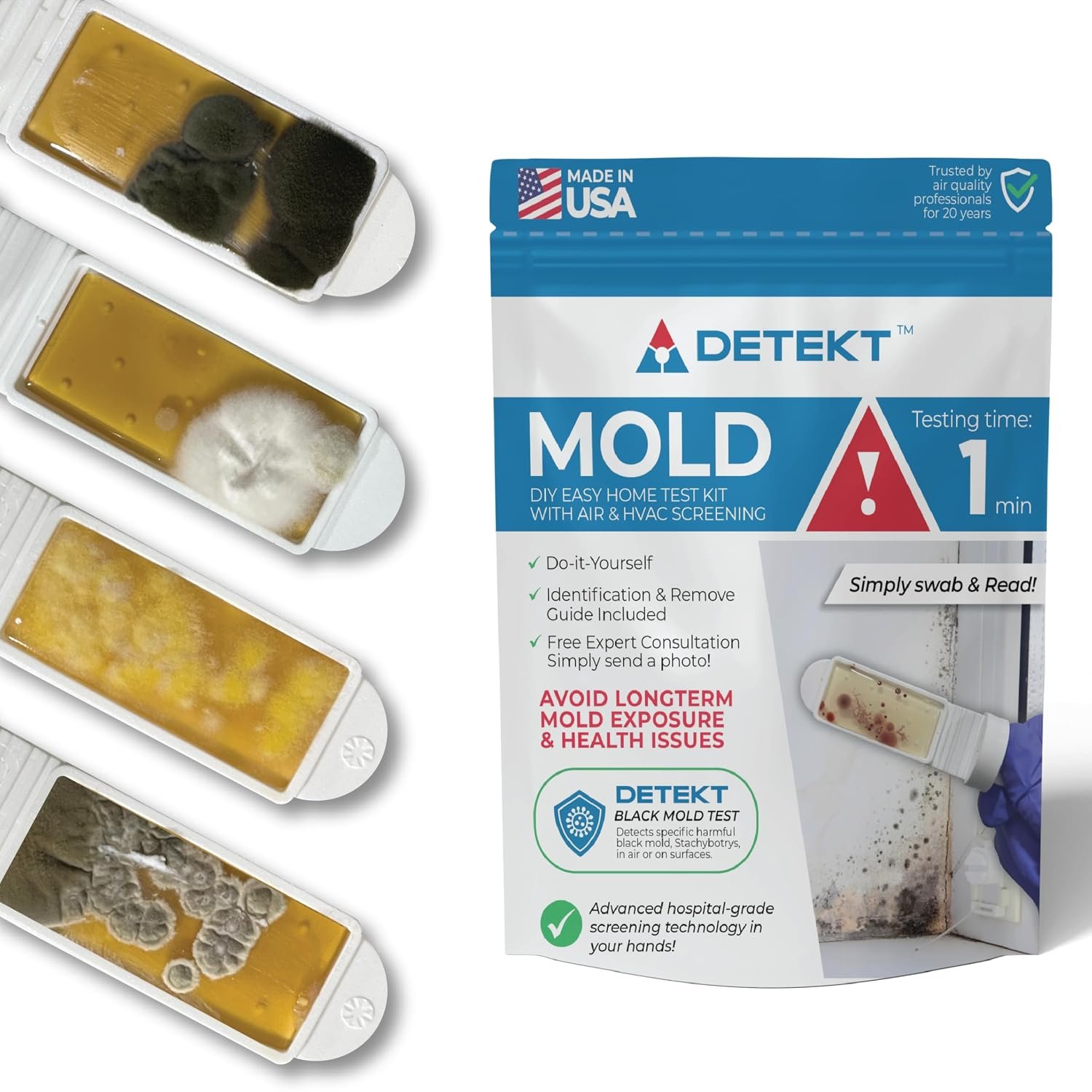 Mold Test Kit by Detekt (USA) – 4 Mold + 4 Bacteria Tests for Home & HVAC