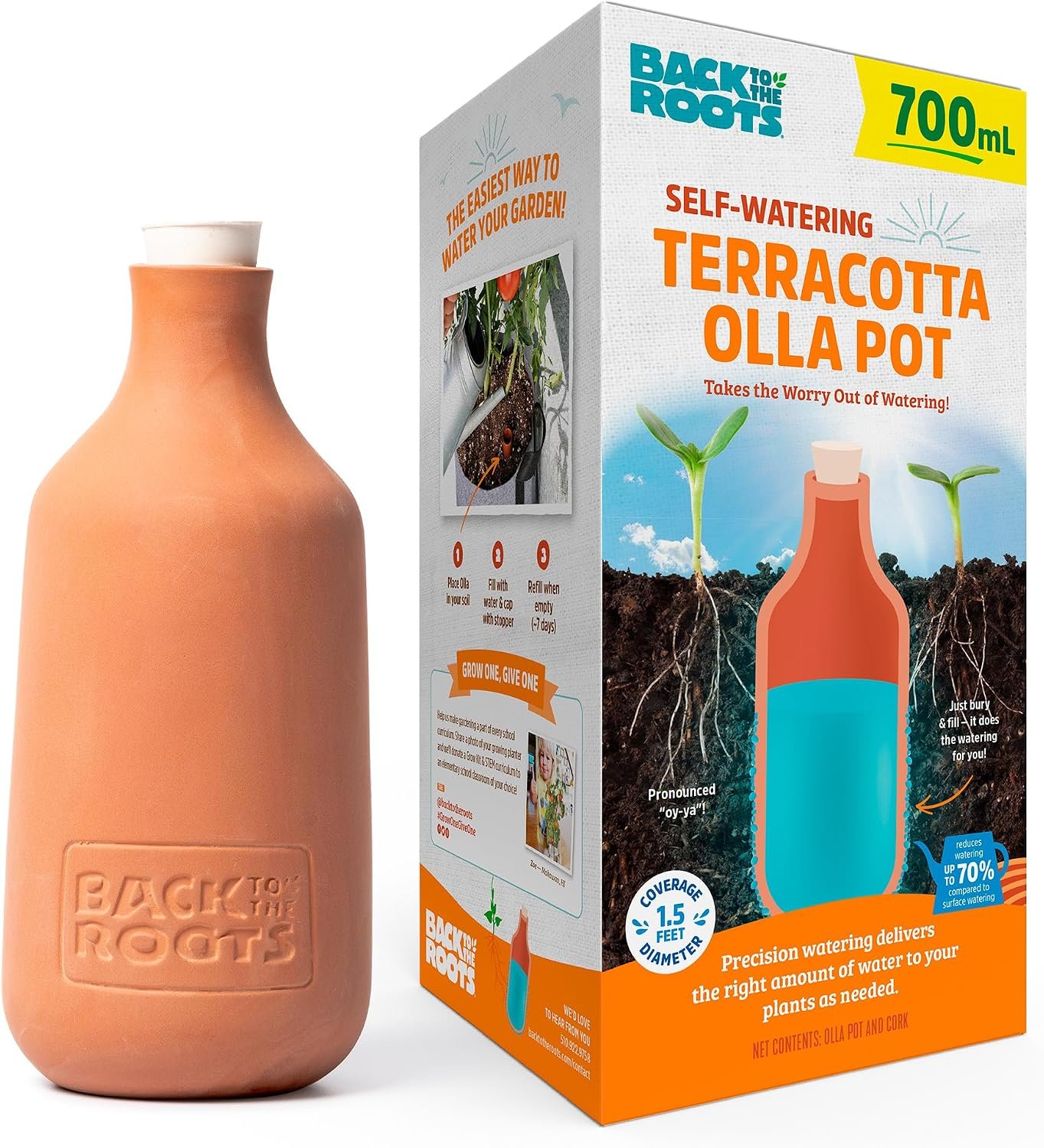 Back to the Roots Self-Watering Terracotta Olla Pot, 700mL Provides 1 Week of Precision Watering