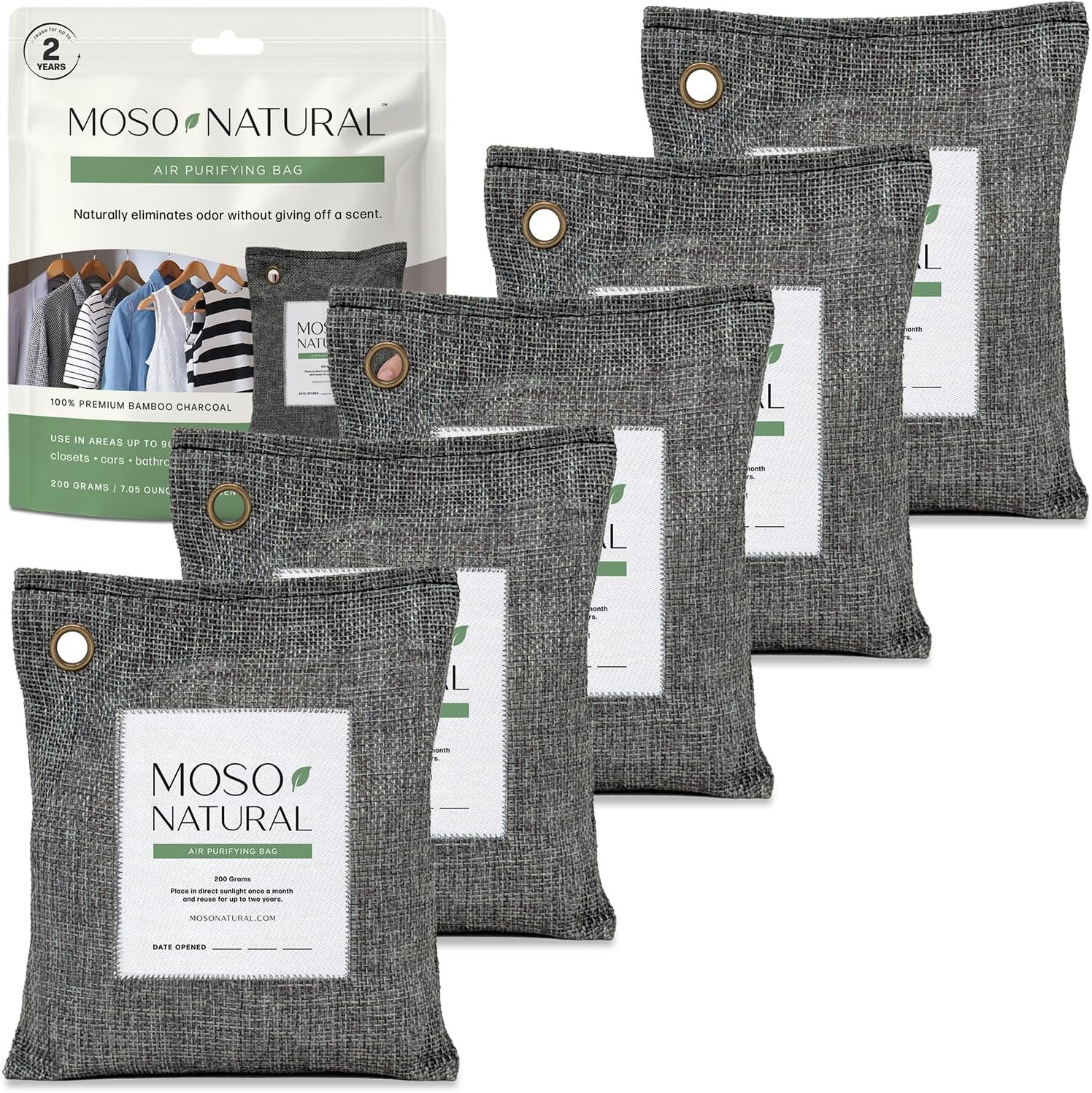 Moso Natural Air Purifying Bag 200g (5 Pack) Charcoal Odor Absorber, Car Odor Eliminator & Closet Deodorizer for Home & Pet, Lasts 2 Years, Unscented Bamboo Charcoal Bags, HGTV Editors’ Pick