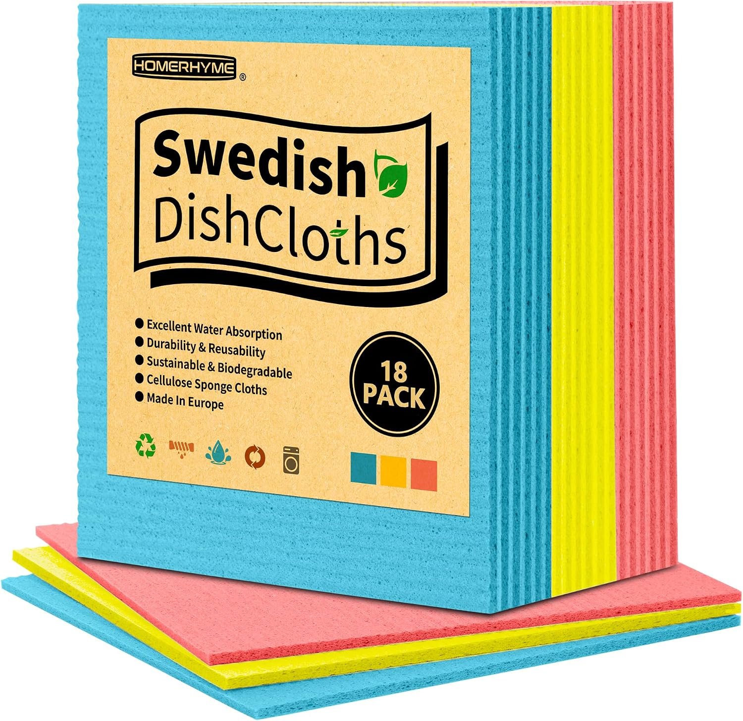 Swedish Dishcloths, 18 Pack Kitchen Towels Dish Rags, Absorbent Swedish Dish Towels for Kitchen, Non-Scratch Cellulose Cleaning Wipes, Biodegradable Washable Reusable Paper Towels