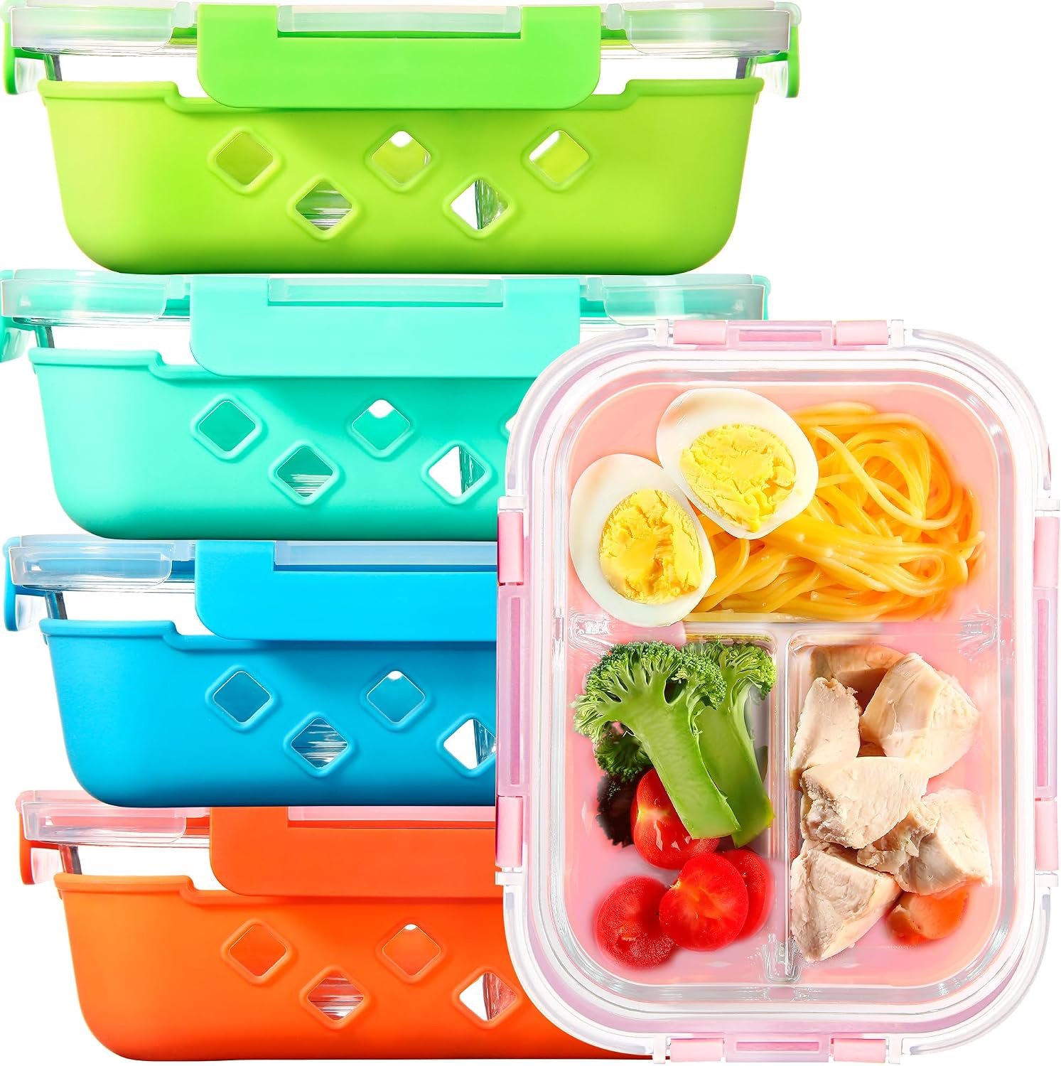 Glass Meal Prep Containers with Silicone Sleeve 3 Compartment(5 Pack, 34oz)