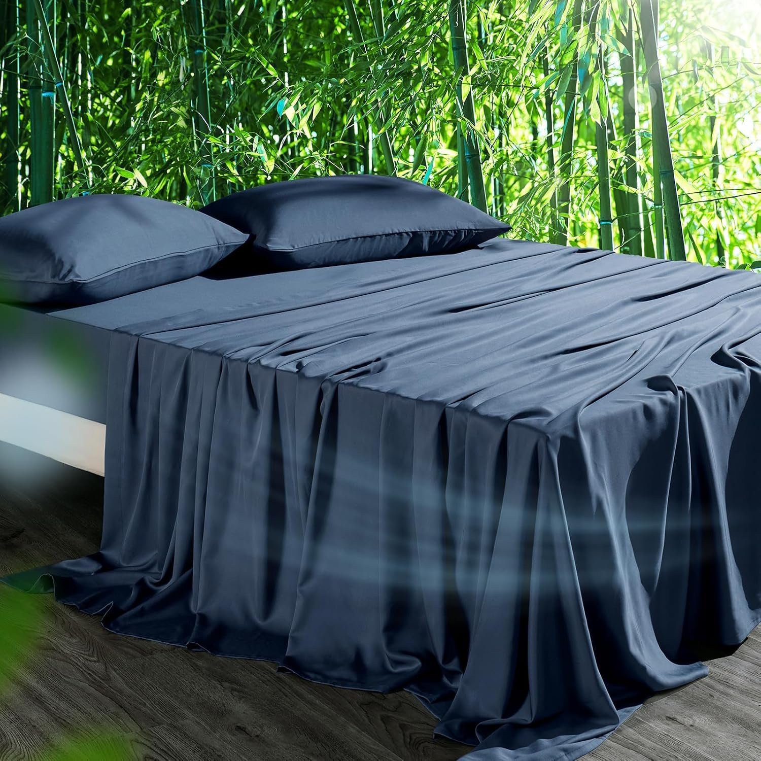 Cooling Sheets Set Queen Size, Viscose Derived from Bamboo for Hot Sleepers | Deep Pocket Up to 16 Inch | Silky Soft & Breathable Bedding – 4PC (Queen, Navy)