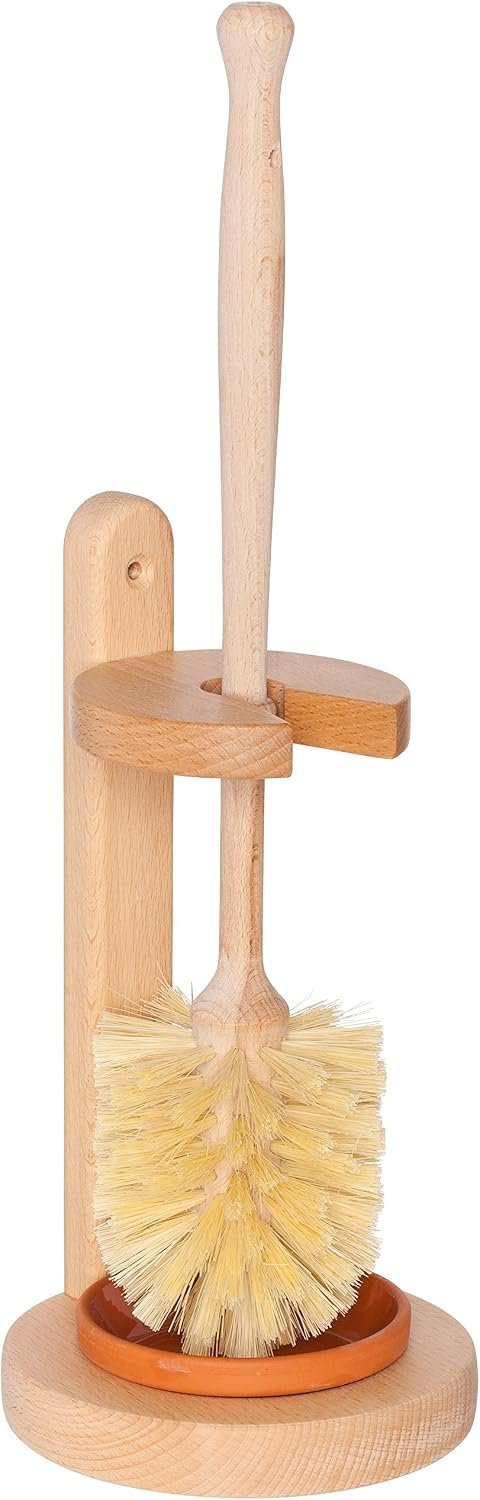 REDECKER Oiled Beechwood Toilet Brush Stand with Tampico Fiber Toilet Brush, 9-7/8 inches – Natural Bristles are Heat-Resistant and Retain Shape, Made in Germany – Wood Toilet Brush Set