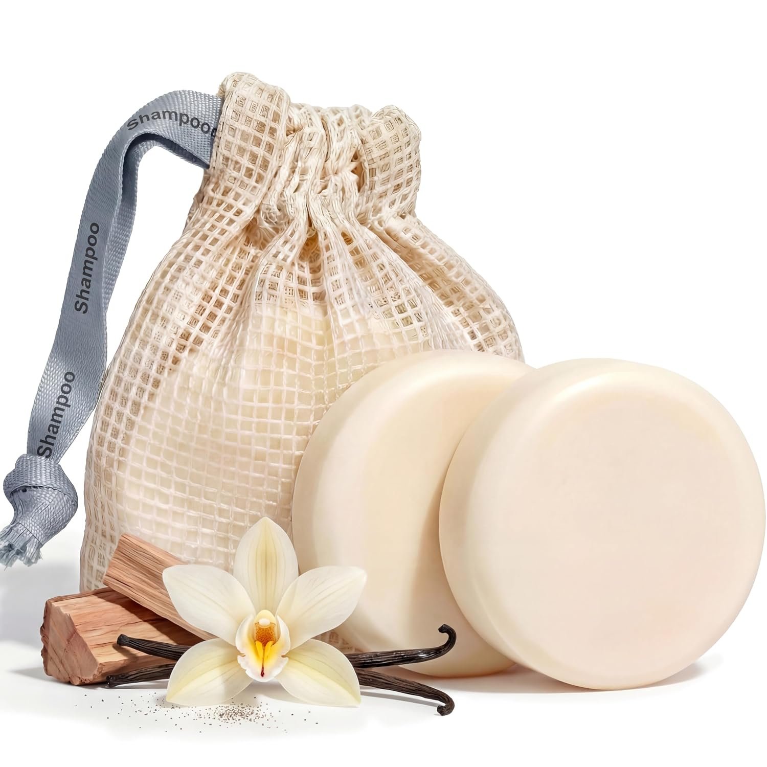 Vove Shampoo Bar Set (2 Bars + Storage Bag) – Sulfate Free Solid Shampoo for Hair Growth & Strength – Rice Protein, Ginseng & Squalane – Vanilla Cedar Scent – Plastic Free, pH Balanced, Color Safe