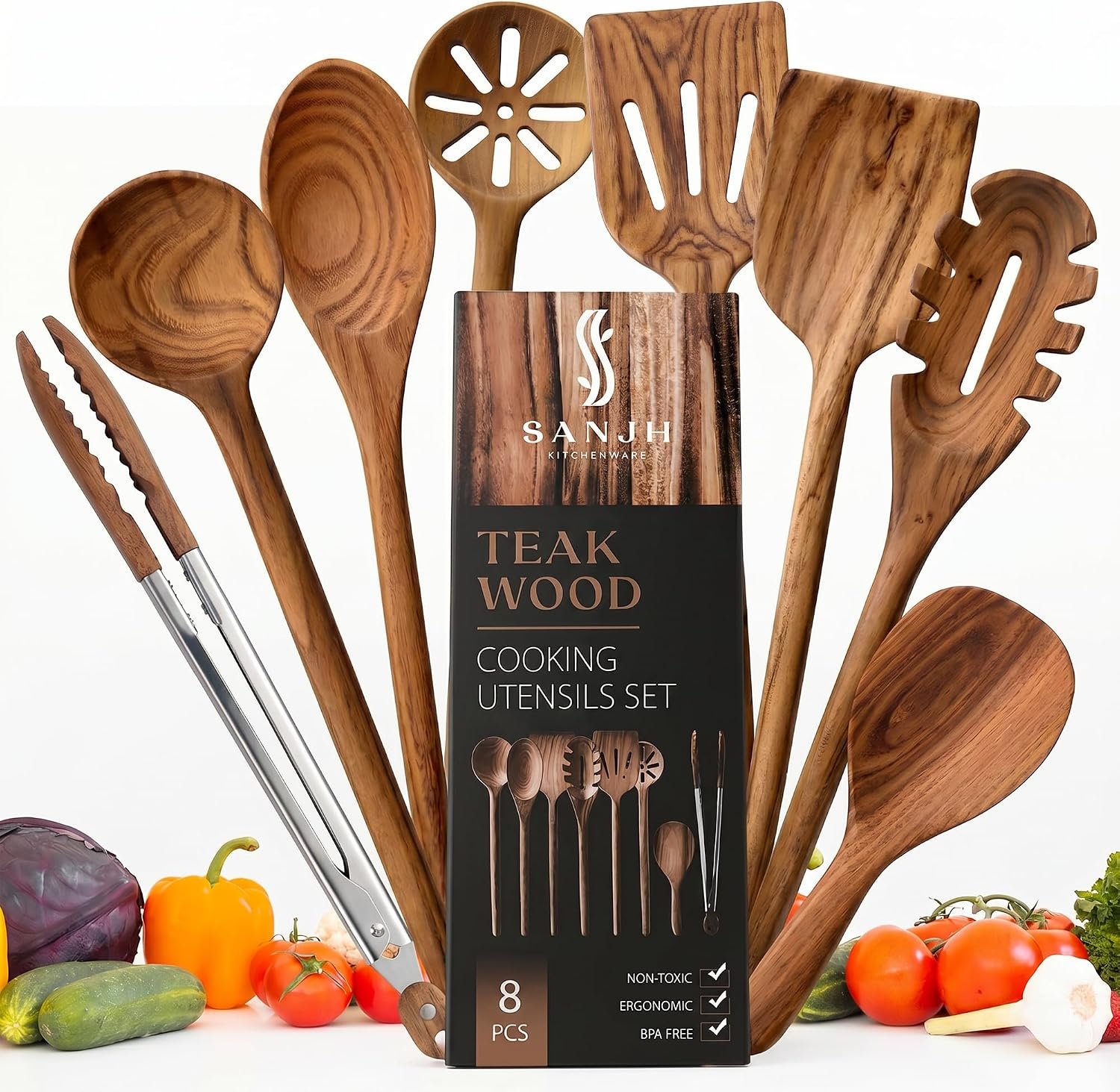 SANJH Teak Wooden Utensil Set for Cooking – 8 Piece Teak Wooden Spoons Set
