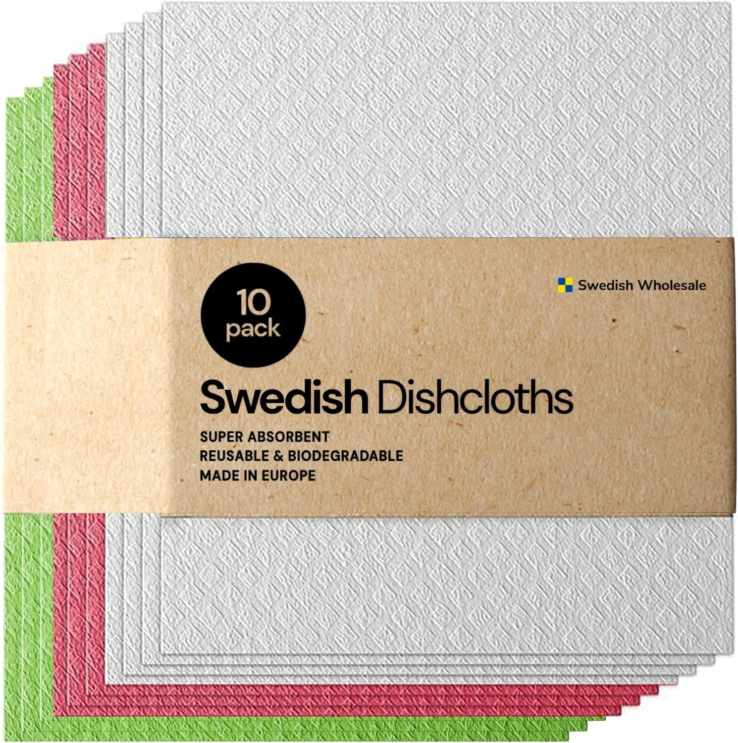 Swedish Wholesale Dishcloths Reusable 8″ x 7″ Sponge Cloths, Bulk 10 Pack of High Absorbent Cellulose Dish & Kitchen Cleaning Hand Towels, Wring to Dry & Machine Wash, Odor Resistant, Assorted Colors
