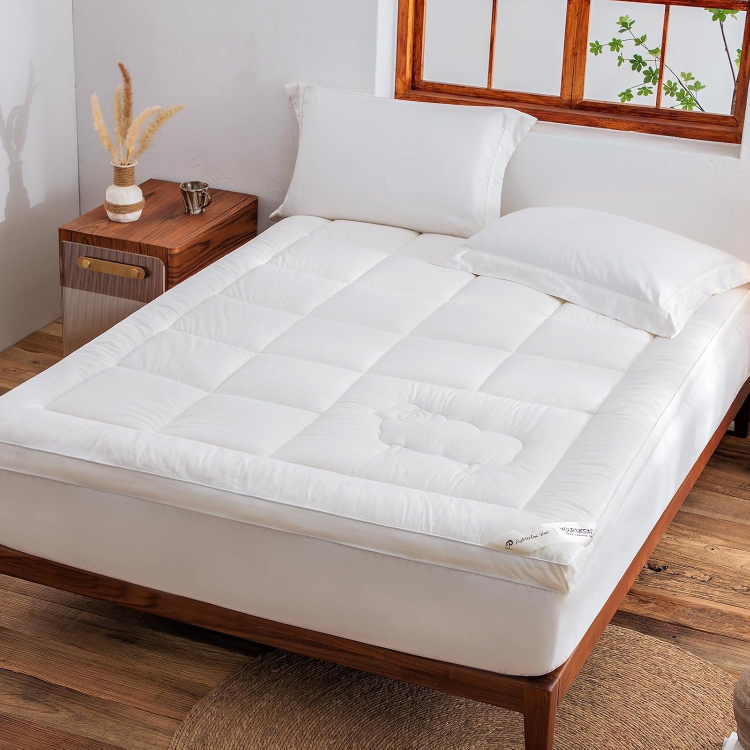 YOUR MOON 100% Wool Mattress Topper King, 800 GSM, White