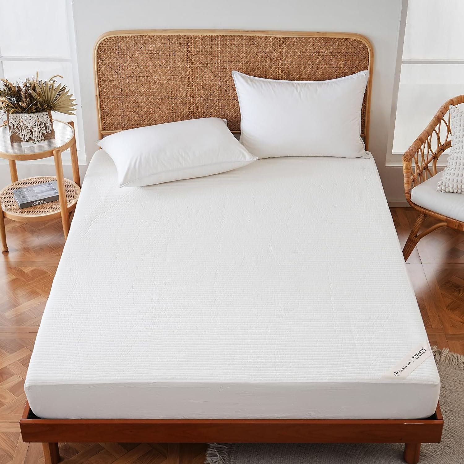 YOUR MOON 100% Wool Mattress Pad King, Natural Cotton Cover, White