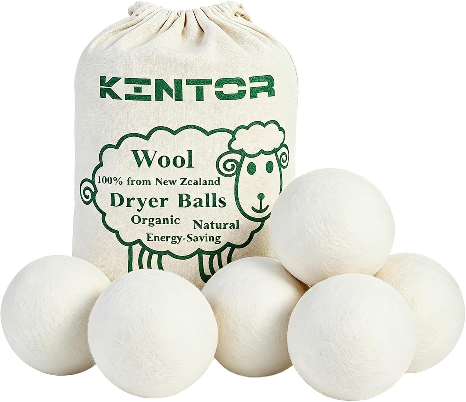 KINTOR Wool Dryer Balls XL 6-Pack, Reusable Natural Laundry Fabric Softener