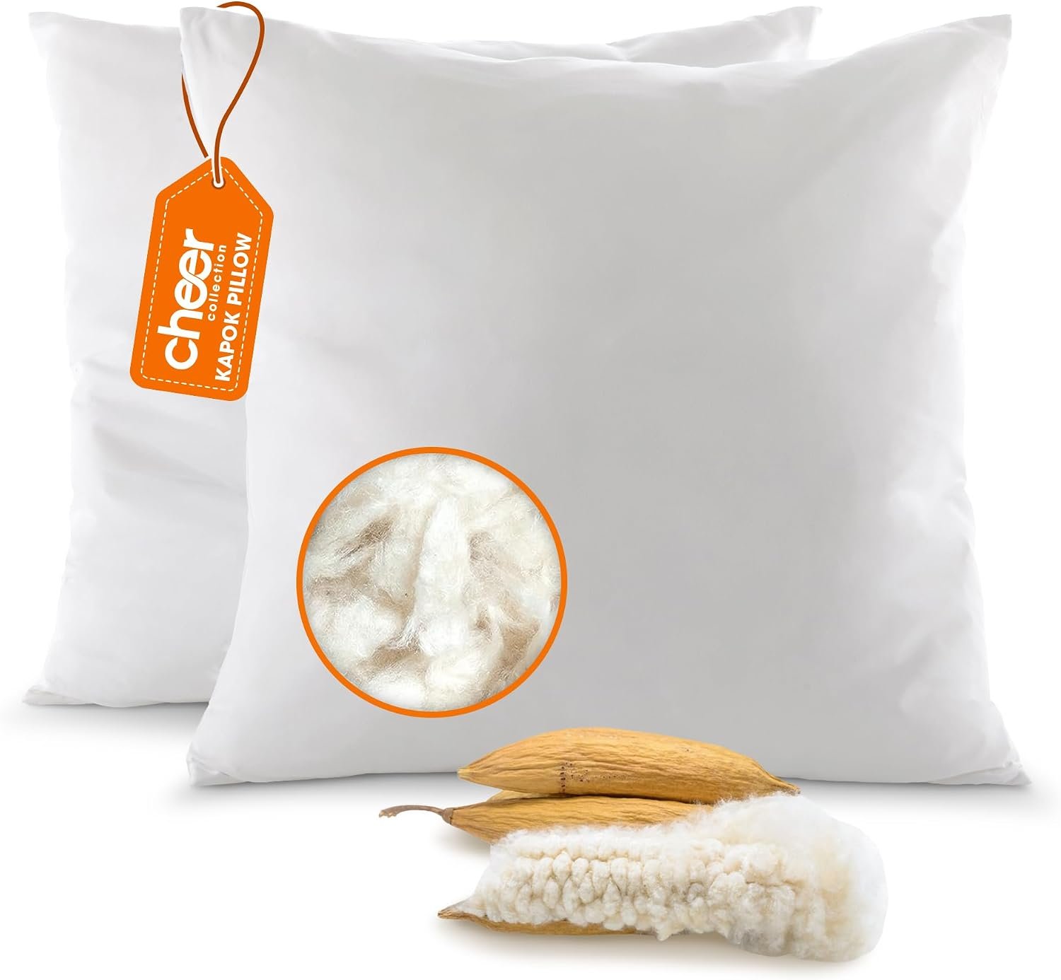 Cheer Collection Set of 2 Organic Kapok Pillows, Natural Kapok Fiber Filled Throw Pillows for Couch, Bed & Décor, with Breathable Microfiber Shell, 26 x 26 inches