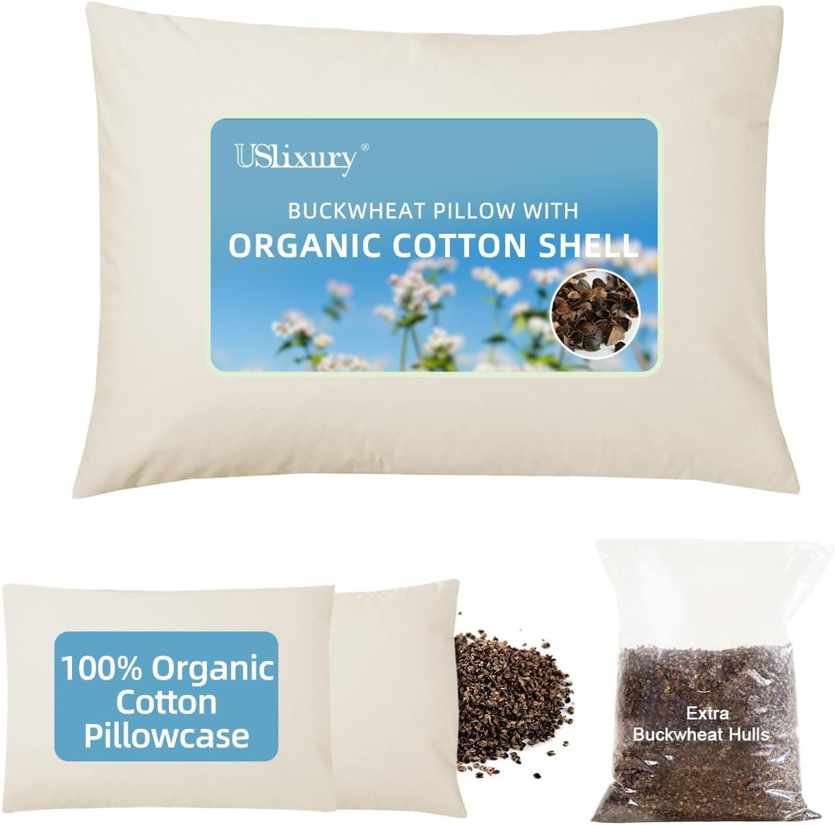 USlixury Organic Buckwheat Pillow 16×22, Adjustable Height, Neck Support