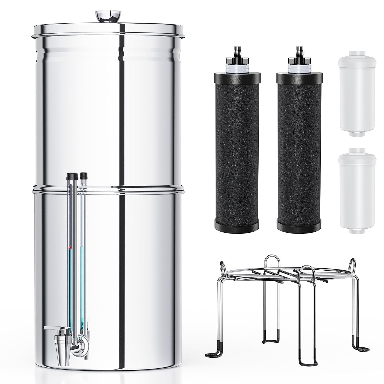 Upgraded Stainless Steel Gravity Water Filter System,2.25 Gallon 6-Stage Countertop Filtration with 4 Filters for Home Kitchen & Outdoor Use,No Electricity Required