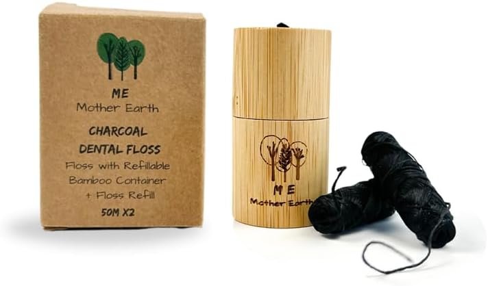 Me Mother Earth Charcoal Dental Floss, Refillable Bamboo Dispenser, 2 Pack