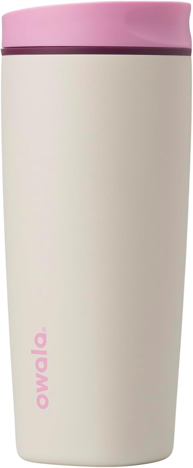 Owala SmoothSip Slider Insulated Stainless Steel Coffee Tumbler, Reusable Iced Coffee Cup, Hot Coffee Travel Mug, BPA Free 20 oz, Pink/Tan (Daybreak)