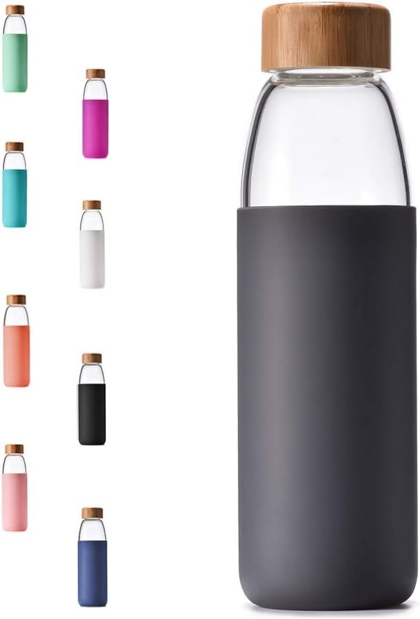 25 Oz Borosilicate Glass Water Bottles with Bamboo Lid, BPA-FREE, Non-Slip Silicone Sleeve, and Stainless Steel Leak Proof Lid – Reusable Glass Bottle for Men and Women