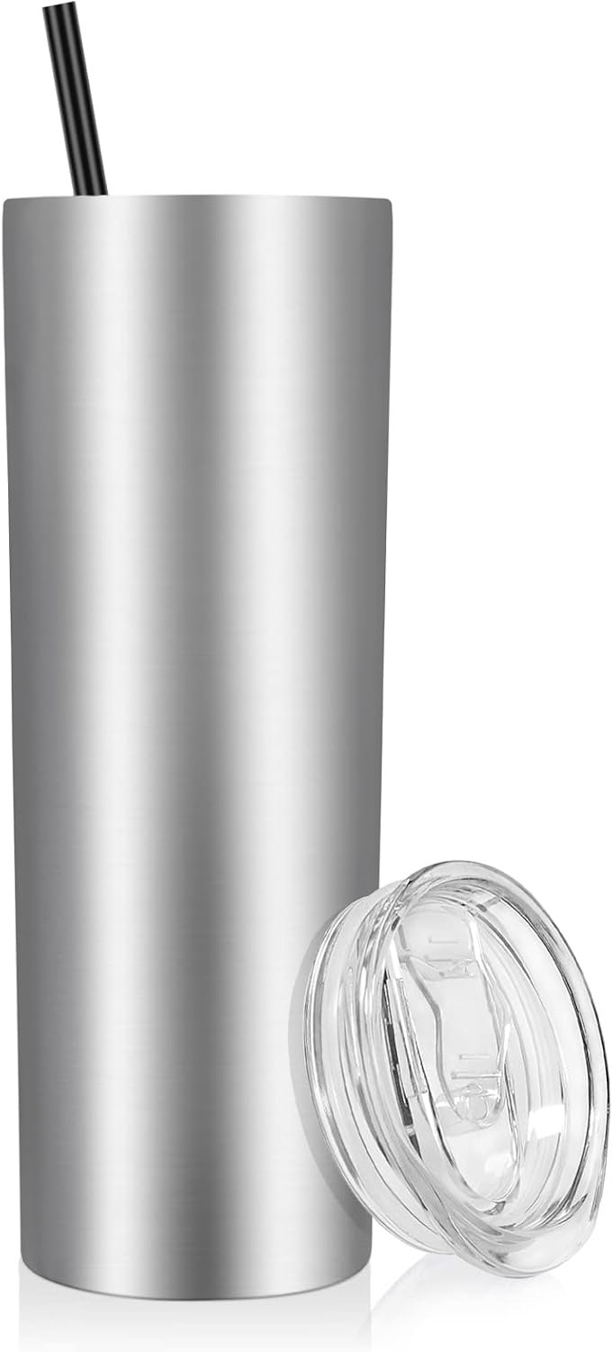 VEGOND Stainless Steel Skinny Tumbler, 20 oz Vacuum Insulated Tumbler with Lid and Straw, Double Wall Coffee Cup, Travel Mug for Cold Hot Drinks, Stainless Steel 1 Pack