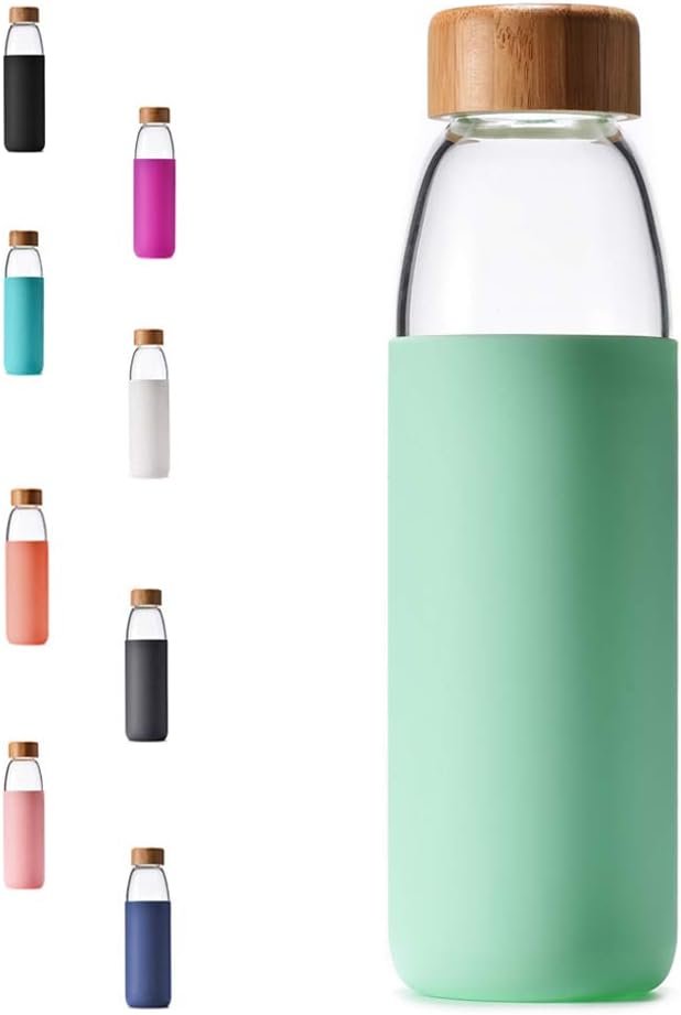 25 Oz Borosilicate Glass Water Bottles with Bamboo Lid, BPA-FREE, Non-Slip Silicone Sleeve, and Stainless Steel Leak Proof Lid – Reusable Glass Bottle for Men and Women