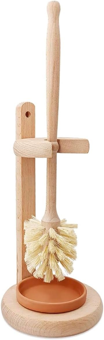 ELDR Supply Toilet Bowl Cleaner Brush with Holder, 14 Inch Extra Long German Beechwood Handle, Strong Hemp Bristles, Ceramic Drip Tray, Biodegradable
