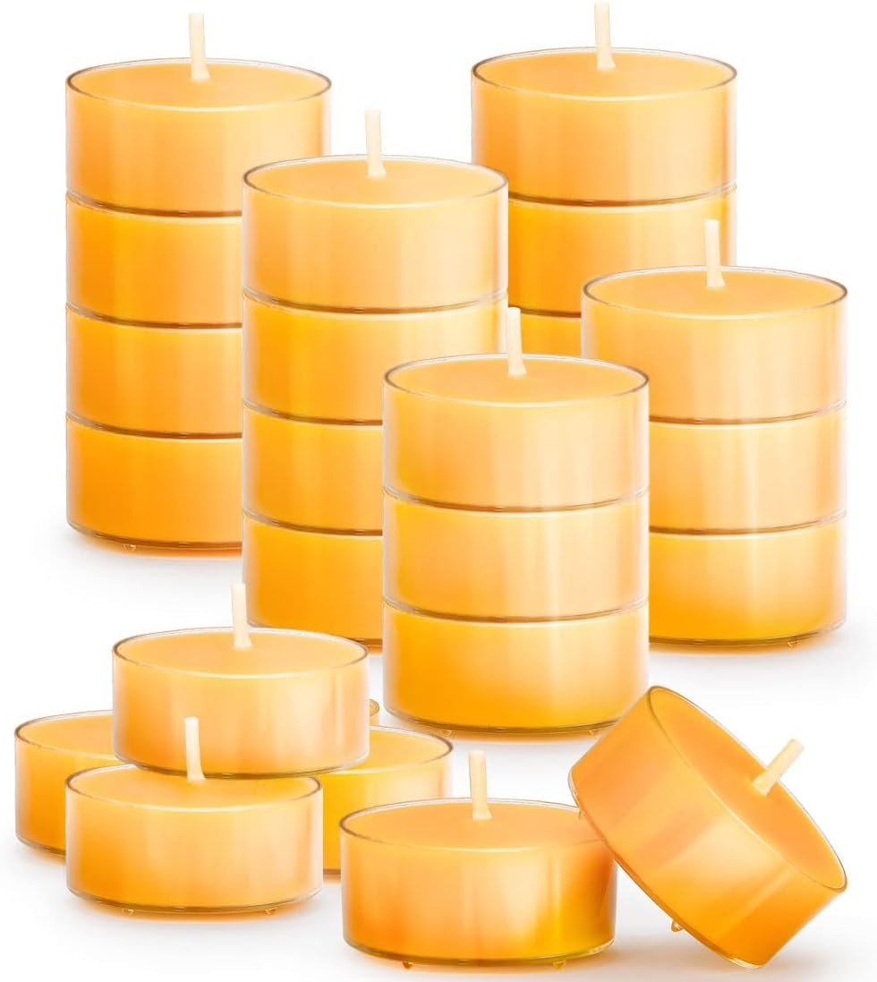 25PCS Pure Beeswax Tealight Candles, Natural Raw, Clear Cup, Cotton Wick