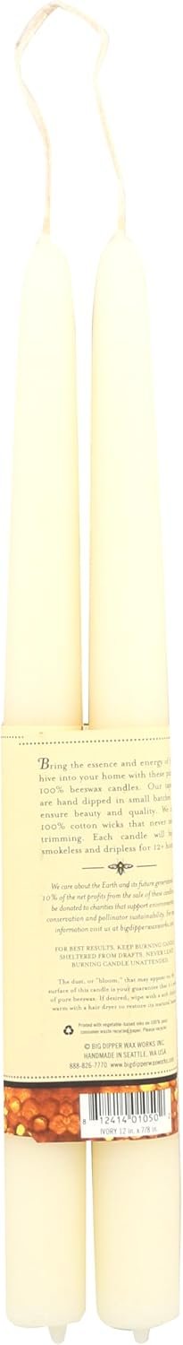 Big Dipper Wax Works 100% Beeswax Taper Candles, 12in, 2 Pack, Ivory White