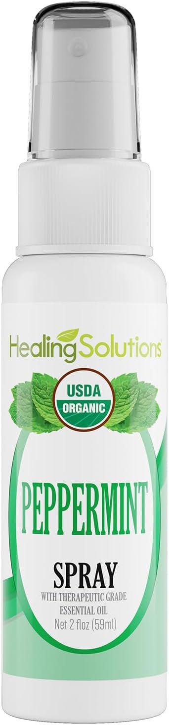 Healing Solutions – Peppermint Essential Oil Spray, (2 oz) USDA Certified Organic Aromatherapy Room & Linen Spray, Pillow & Bedding Mist, Shower Steam, Natural Peppermint Air Freshener