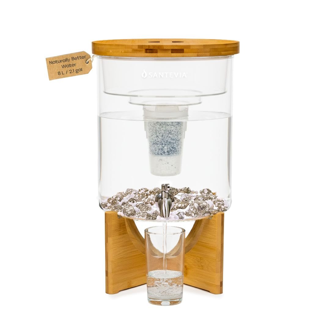 Santevia Glass Water Filtration System – Countertop Filter for Fluoride & Chlorine Removal | Adds Minerals, Balances pH | Home Water Purifier | Fluoride Filter | Alkaline
