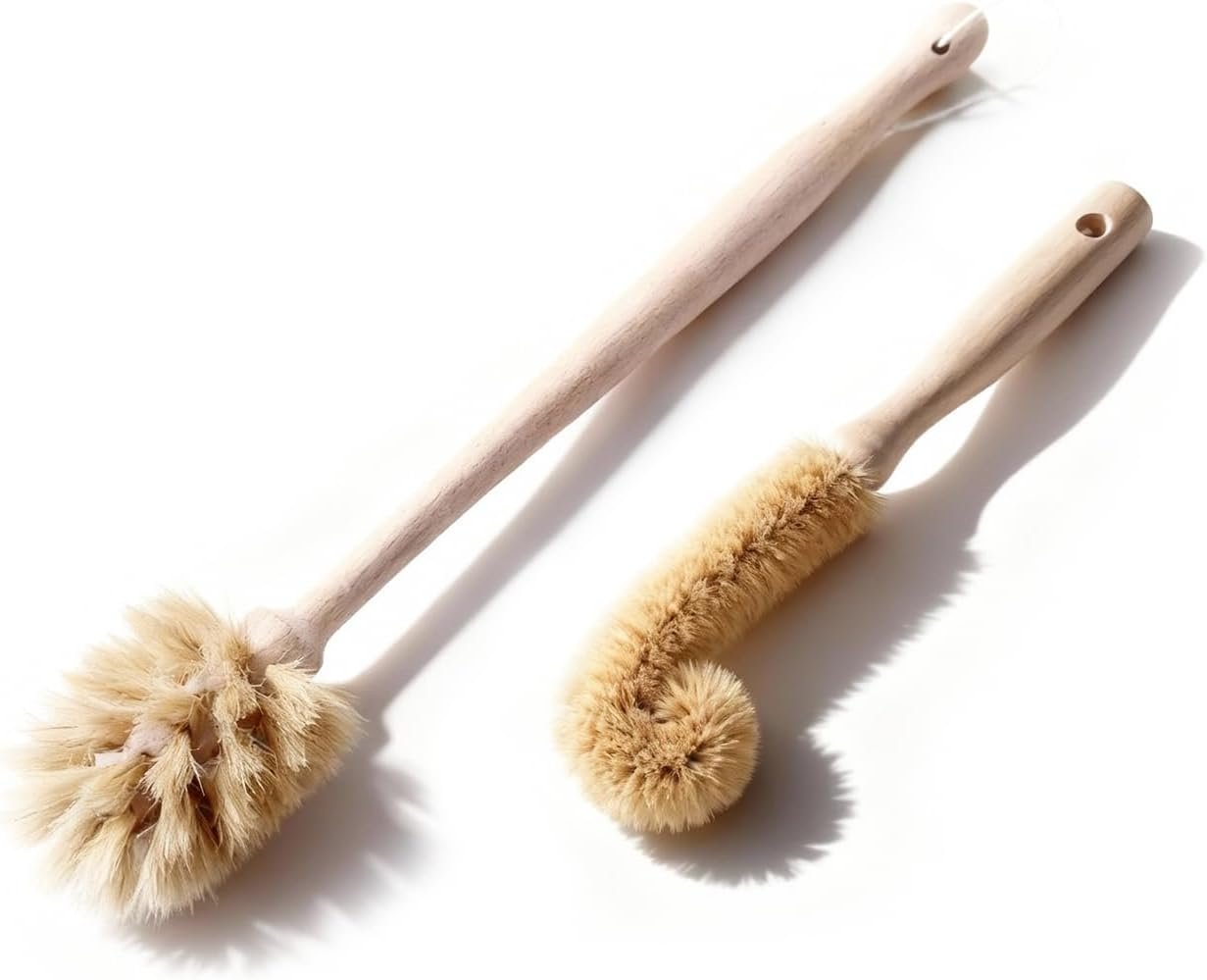 2-Piece Wooden Bottle Brush Set – Includes Tapered Cup Brush & L-Shape Coconut Scrubber – Beech Wood Cleaning Kit for Water Bottles, Glassware & Vases