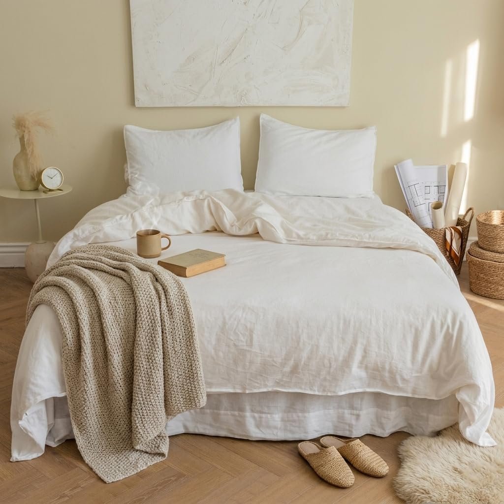 BISELINA French Linen Duvet Cover Set 2pcs with Hidden Zipper Closure Natural Flax Cotton Blend Solid Color Soft Breathable Luxury Farmhouse Bedding – Twin Size, White