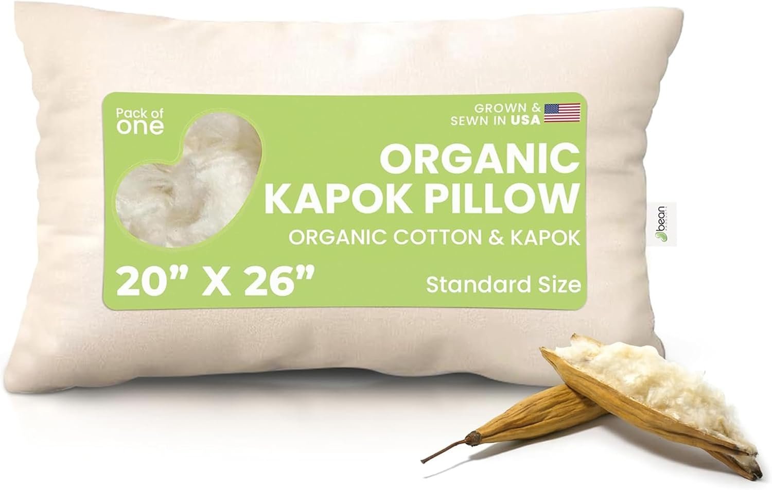 Bean Products Organic Kapok Pillow, Standard 20″ x 26″