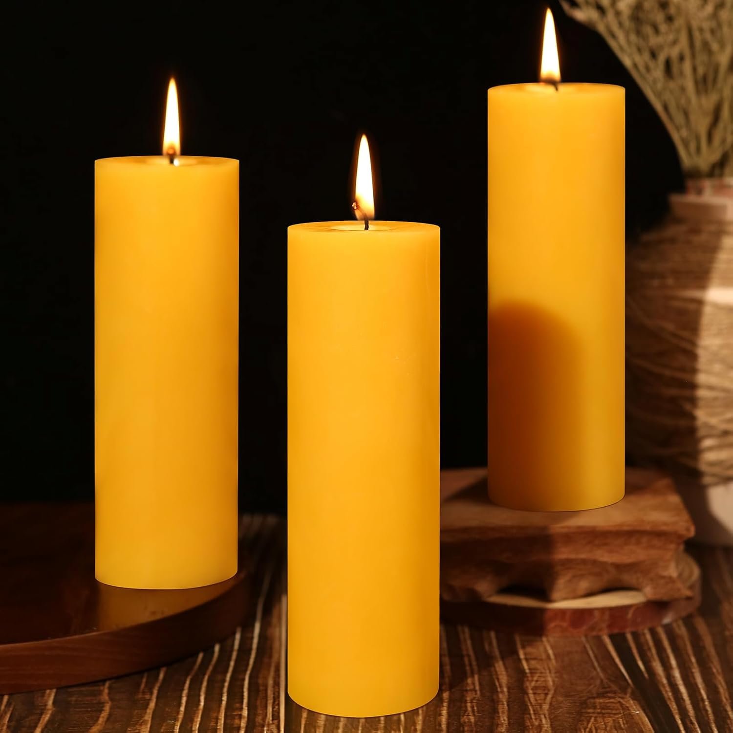 3 Pack Beeswax Pillar Candles,60 Hour Unscented Yellow Beeswax Candle