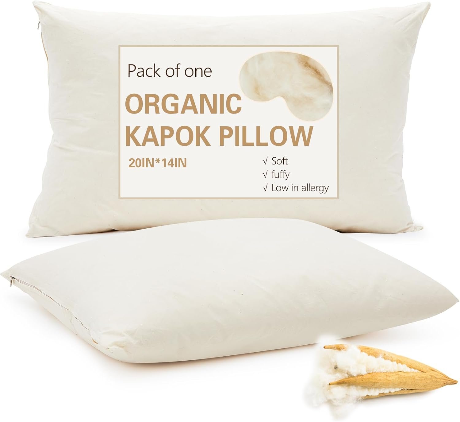 Leinuosen 1 Pack Organic Kapok Pillow, Natural, 14″ X 20″