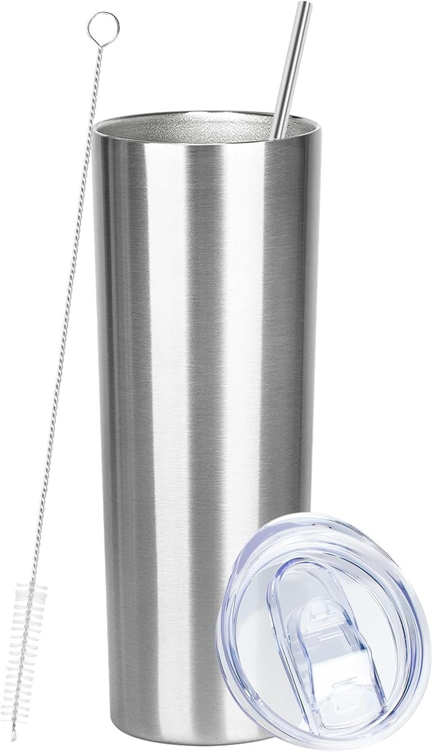 20 oz Skinny Tumbler with Lid and Straw,Stainless Steel Vacuum Insulated Tumbler Cup Double Wall Leak-proof Coffee Mug,Travel Thermal Water Tumbler for Office,Outdoor(Silver,1)