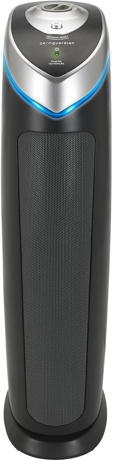 GermGuardian 3-In-1 HEPA Air Purifier for Home, Large Rooms Up To 915 Sq. Ft. with HEPA Air Filter, UV-C Light & Odor Reduction, AC5000E, 28″ Tower, Gray