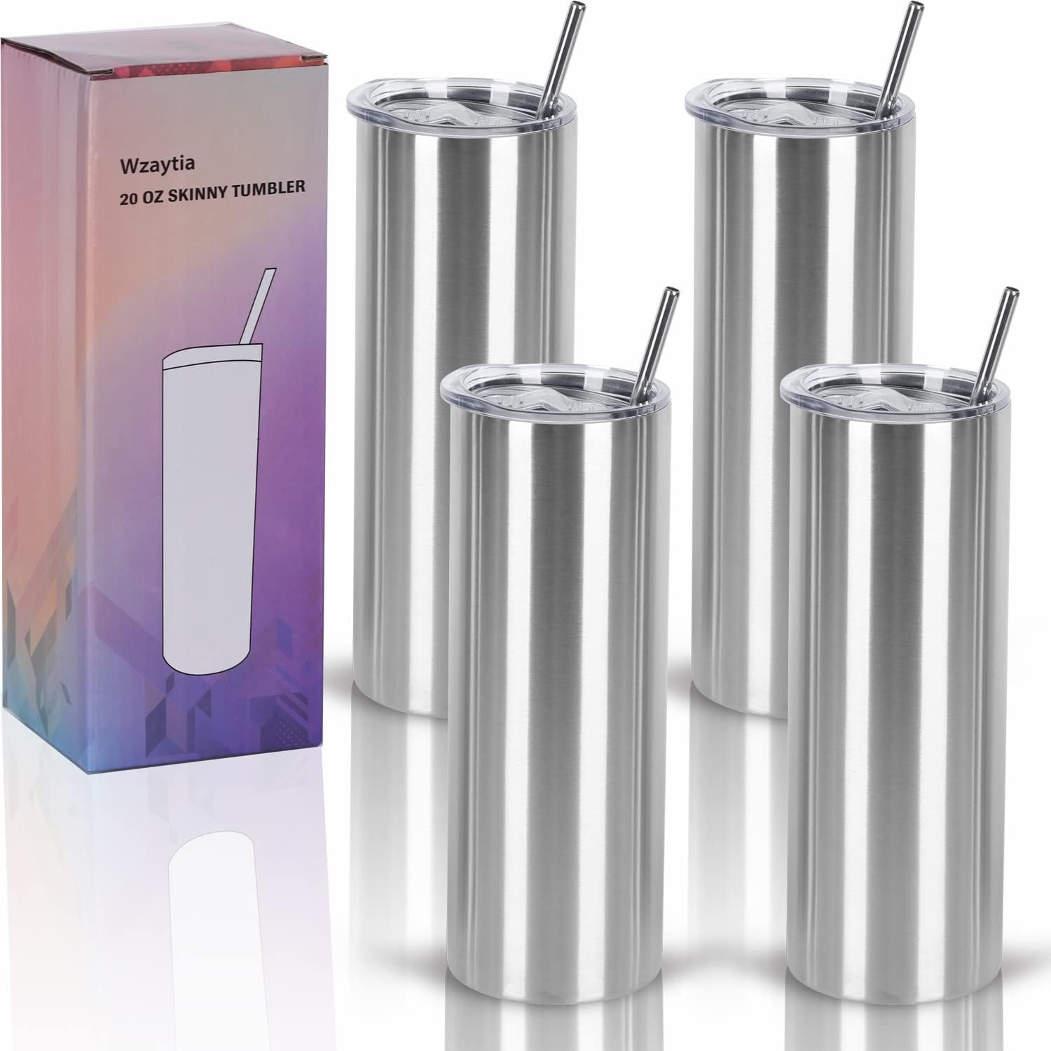 4 Pack 20 Oz Straight Skinny Tumblers,Individually Gift Boxed Stainless Steel Slim Skinny Tumbler Set Bulk, 20 Oz Insulated Slim Thin Travel Tumbler Cup for Diy, Silver